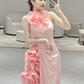 Stunning Mermaid Halter Pink Satin Flowers Long Prom Dresses C3979