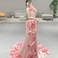 Stunning Mermaid Halter Pink Satin Flowers Long Prom Dresses C3979