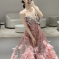 Gorgeous A Line Spaghetti Straps Satin Sequin Long Prom Dresses C3980