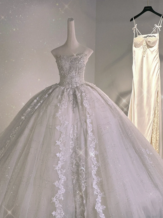 Robe de mariée longue en tulle, bustier, dentelle et perles, style intemporel, C3984