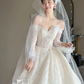 Robe de bal vintage à épaules dénudées, en tulle blanc, manches longues et voile, robe de mariée longue C3986