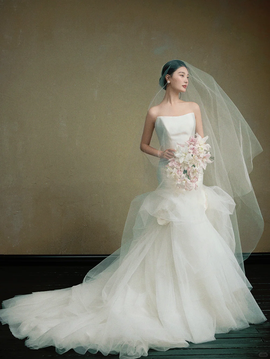 Robe de mariée longue en satin et tulle, élégante et bustier style sirène, avec voile, C3999