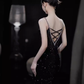 Robe de bal longue noire à bretelles sexy et paillettes C39