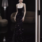 Robe de bal longue noire à bretelles sexy et paillettes C39