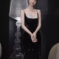 Robe de bal longue noire à bretelles sexy et paillettes C39