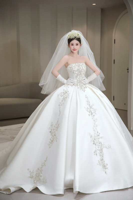 Timeless Ball Gown Strapless Satin Beaded With Gloves and Veil Long Wedding Dresses C4004