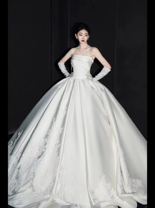 Timeless Ball Gown Strapless Satin Applique With Gloves Long Wedding Dresses C4005