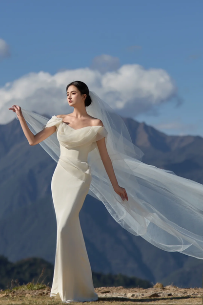 Robe de mariée sirène de rêve, épaules dénudées, en satin et tulle, avec voile, longue, C4011