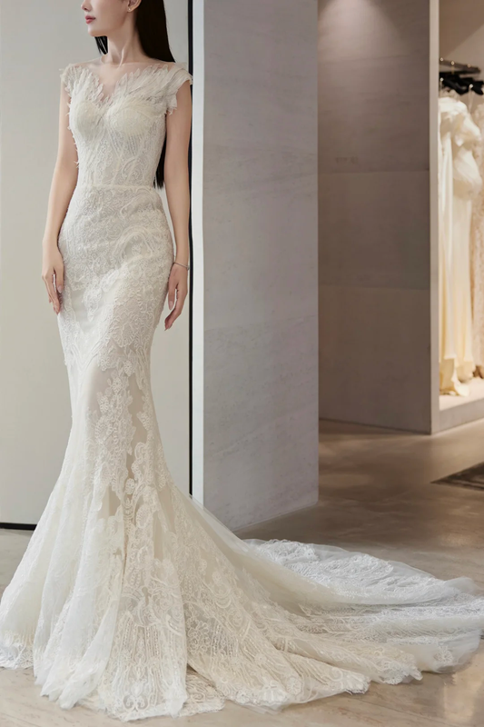 Robe de mariée longue en tulle et dentelle, style sirène, intemporelle, C4013