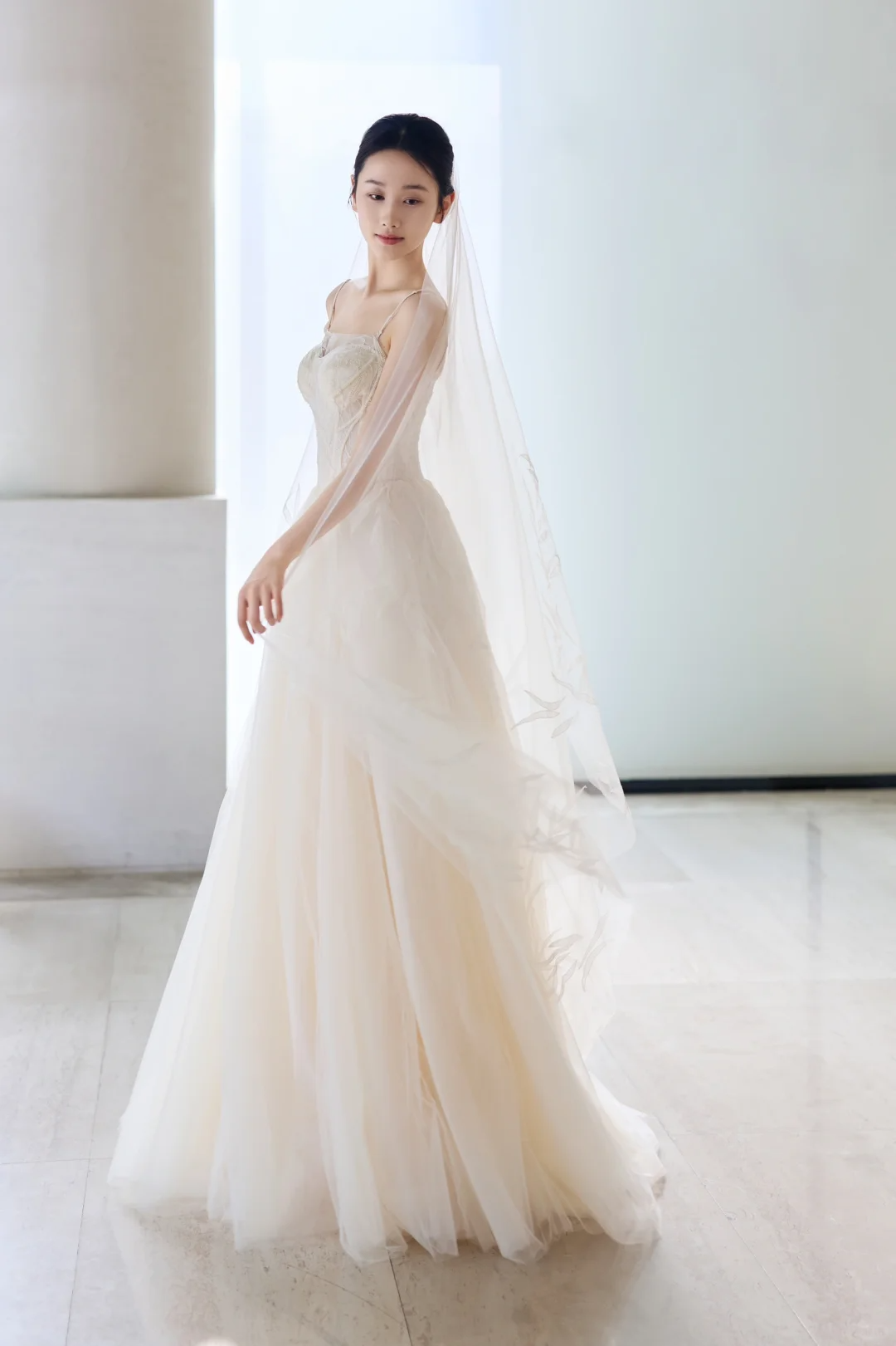 Robe de mariée longue vintage en tulle à bretelles spaghetti et appliques C4014