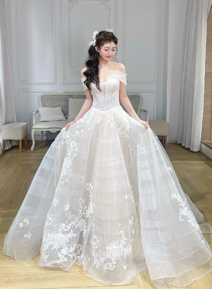 Dreamy A Line Off The Shoulder Tulle Applique Long Wedding Dresses C4026