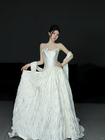 Robe de mariée longue en satin, coupe A, sans bretelles, unique, C4030