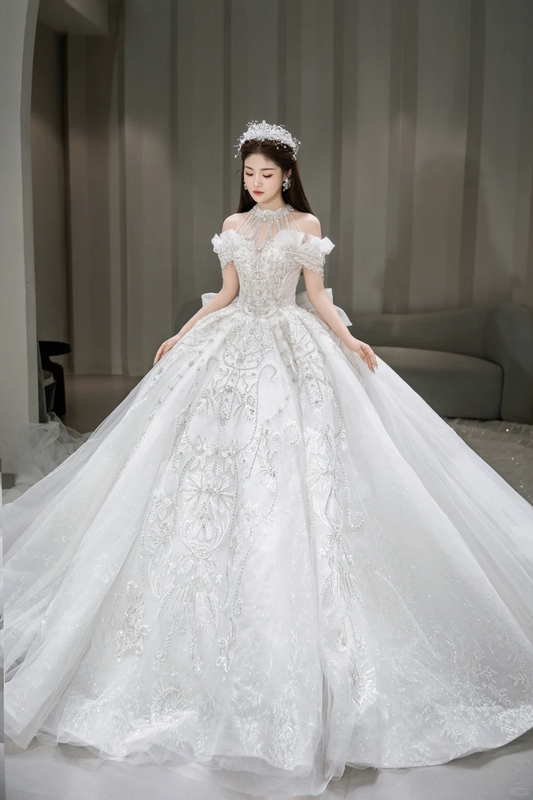 Timeless Ball Gown Off The Shoulder Tulle Sequin Beaded Long Wedding Dresses C4031