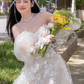 Robe de mariée trapèze à épaules dénudées et manches longues en tulle avec appliques C4032