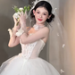 Robe de mariée longue en tulle, coupe trapèze, sans bretelles, avec appliques et voile, C4034