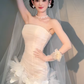Robe de mariée sirène unique, bustier en tulle avec voile et gants, longue, C4036
