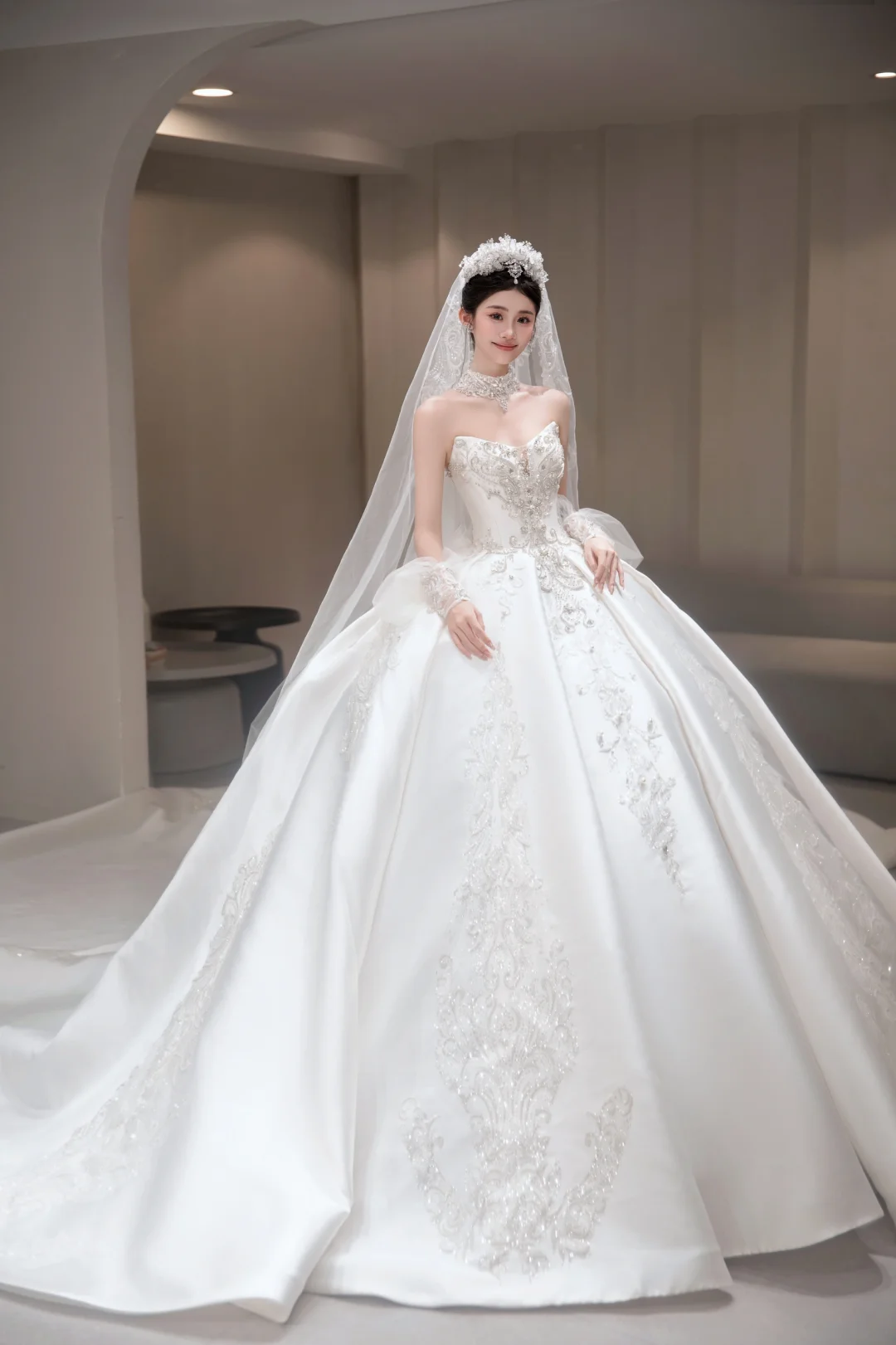 Robe de mariée longue en satin, bustier et voile, effet appliques, style bal de rêve, C4037