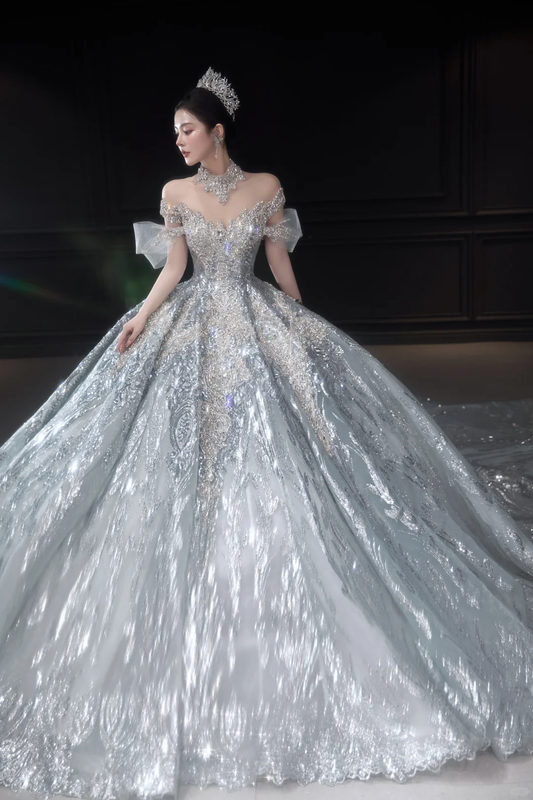 Timeless Ball Gown Off The Shoulder Tulle Sequin Long Wedding Dresses C4038
