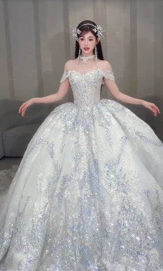 Gorgeous Ball Gown Off The Shoulder Tulle Sequin Long Wedding Dresses C4040