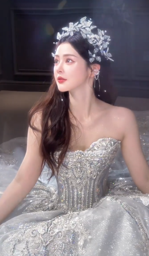 Robe de mariée longue bustier en tulle et sequins, effet boule de rêve, C4043