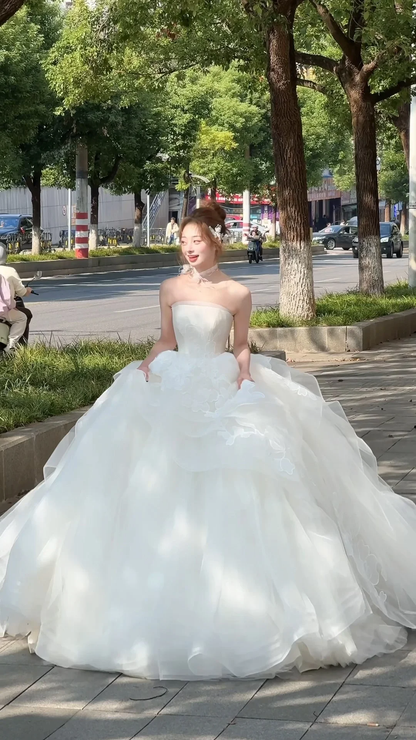 Robe de mariée longue en tulle, bustier et appliques, jolie robe de bal C4045