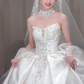 Robe de mariée longue en satin, bustier, avec appliques et voile, effet de rêve, C4046