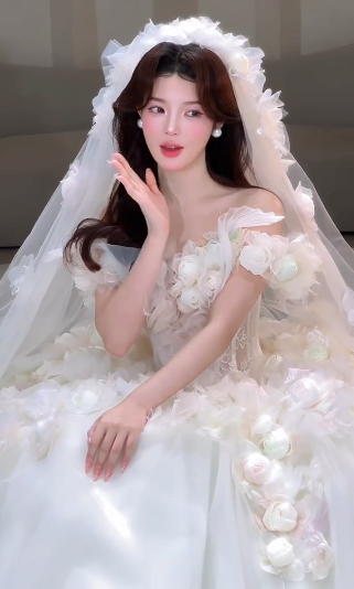 Robe de mariée longue vintage à épaules dénudées et voile appliqué C4047