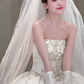 Robe de mariée longue en satin, bustier, avec voile et gants, effet d'illusion, C4052