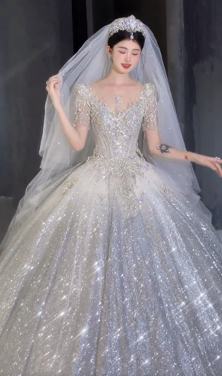 Robe de mariée longue en tulle brillant, paillettes, perles, manches courtes, avec voile, C4054