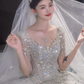 Robe de mariée longue en tulle brillant, paillettes, perles, manches courtes, avec voile, C4054