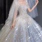 Robe de mariée longue en tulle brillant, paillettes, perles, manches courtes, avec voile, C4054