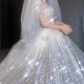 Robe de mariée longue en tulle brillant, paillettes, perles, manches courtes, avec voile, C4054