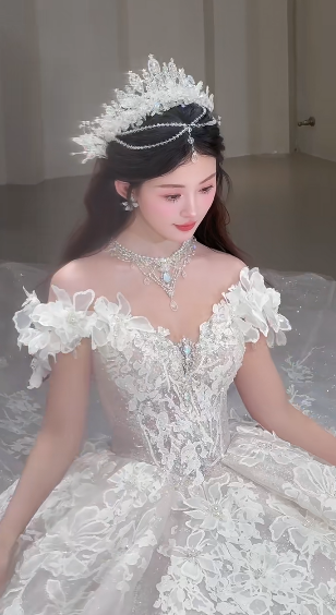 Robe de mariée longue en tulle et dentelle, épaules dénudées, jolie robe de bal, C4055