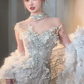 Superbe robe de mariée sirène bustier en tulle à sequins et cape longue C4058