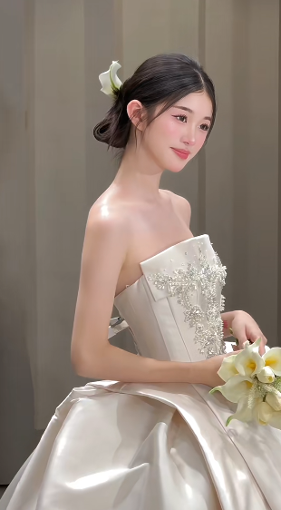 Jolie robe de mariée longue en satin, bustier et perles, C4060