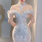 Robe de mariée longue sirène intemporelle à épaules dénudées en tulle et sequins C4061