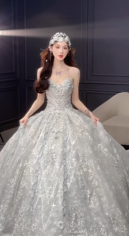 Glitter Ball Gown Strapless Tulle Sequin Long Wedding Dresses C4062
