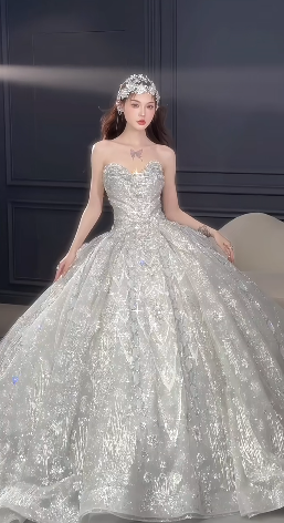 Glitter Ball Gown Strapless Tulle Sequin Long Wedding Dresses C4062