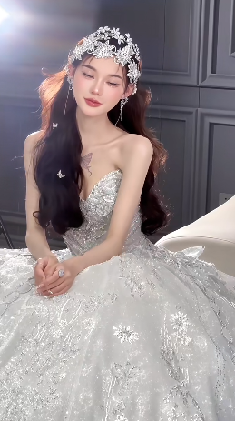 Glitter Ball Gown Strapless Tulle Sequin Long Wedding Dresses C4062