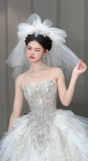 Robe de mariée longue en tulle à sequins et bustier, style intemporel, avec voile, C4063