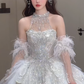 Robe de mariée longue en tulle, paillettes et perles, col licou, style unique, C4064
