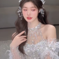 Robe de mariée longue en tulle, paillettes et perles, col licou, style unique, C4064