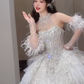 Robe de mariée longue en tulle, paillettes et perles, col licou, style unique, C4064