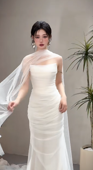 Simple Elegant Mermaid Strapless Chiffon Long Wedding Dresses C4065