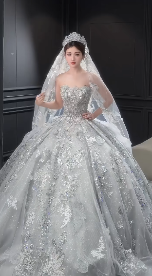 Robe de mariée longue bustier en tulle, sequins et perles, avec voile, style rêveur, C4066