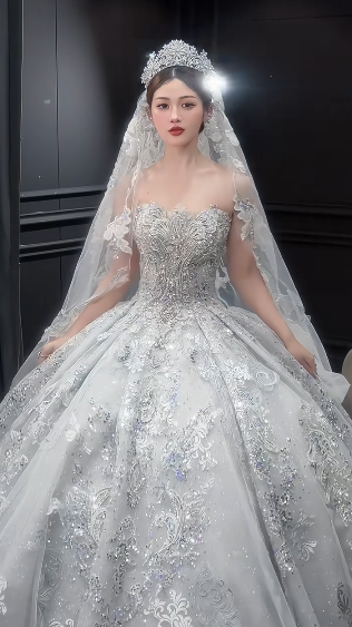 Robe de mariée longue bustier en tulle, sequins et perles, avec voile, style rêveur, C4066