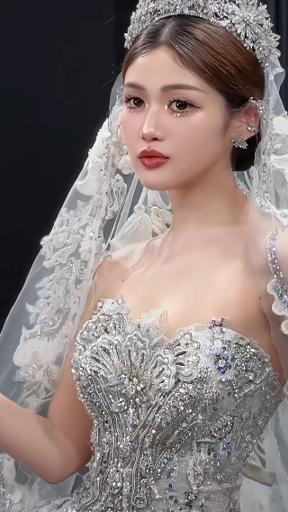 Robe de mariée longue bustier en tulle, sequins et perles, avec voile, style rêveur, C4066