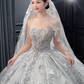 Robe de mariée longue bustier en tulle, sequins et perles, avec voile, style rêveur, C4066