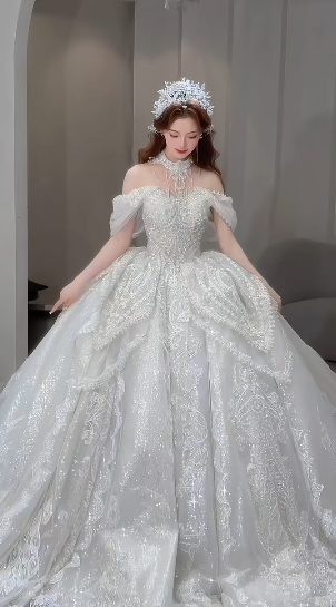 Superbe robe de bal à épaules dénudées, en tulle, paillettes et perles, longue robe de mariée C4069