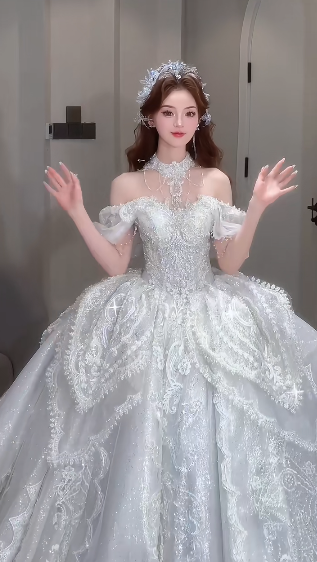 Superbe robe de bal à épaules dénudées, en tulle, paillettes et perles, longue robe de mariée C4069